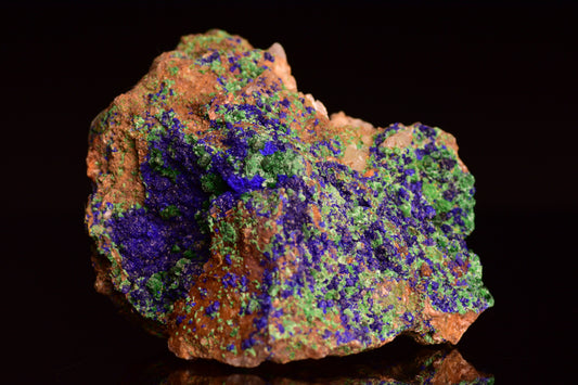 Azurite with malachite crystal from Mibladen, Morocco, showcasing vibrant blue and green mineral formations.