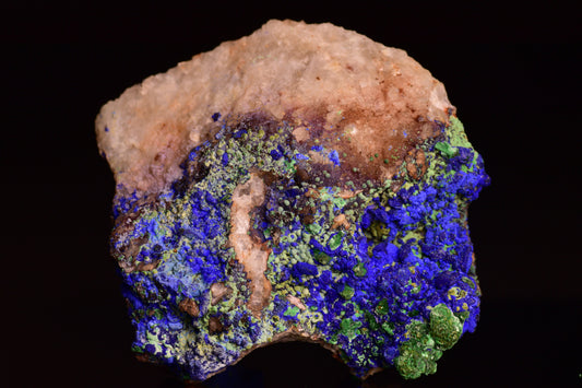 Azurite and malachite crystal from Mibladen, Morocco, showcasing deep blue azurite with vibrant green malachite mineral formations.