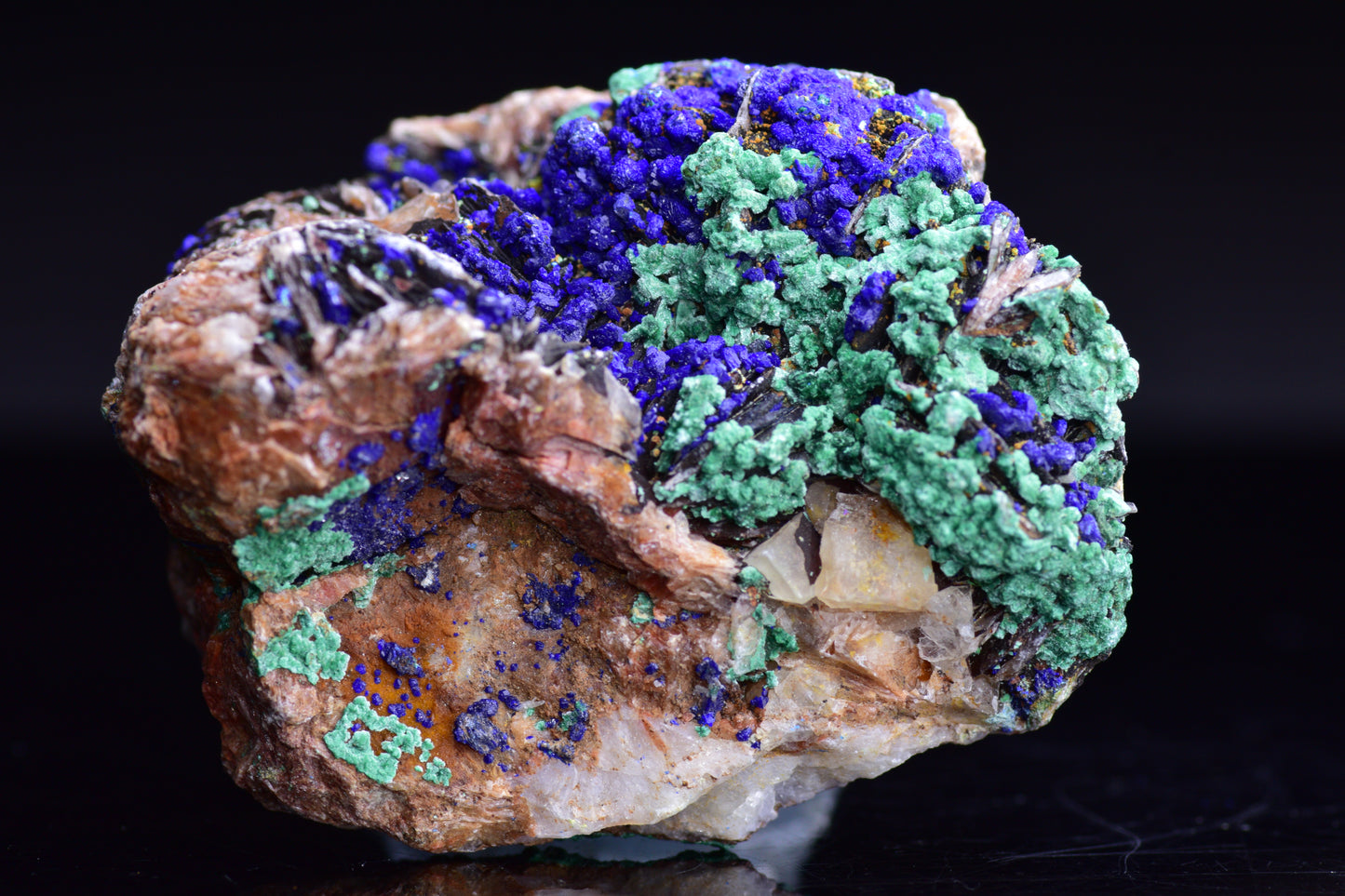 Azurite and malachite crystal from Mibladen, Morocco, showcasing vibrant blue and green mineral patterns.