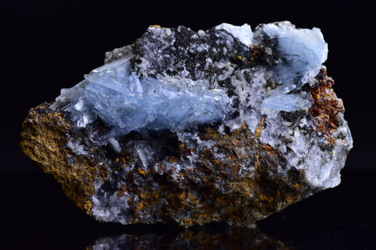 Blue Barite crystal from Morocco with vibrant blue mineral formations, showcasing natural crystal structure and mineral details.