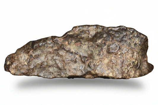 NWA 12344 Eucrite meteorite fragment, 14.23 grams, showcasing rough, dark, and textured surface with mineral inclusions.