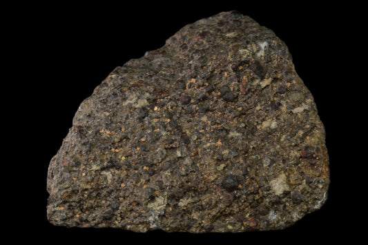 Fragment of NWA 14004 CV3 meteorite showing rough, dark mineral surface with metallic inclusions, weight 86.17 grams.