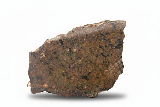 NWA 13272 Ungrouped Achondrite meteorite slice showing metallic and mineral details, 2.65g, for sale.