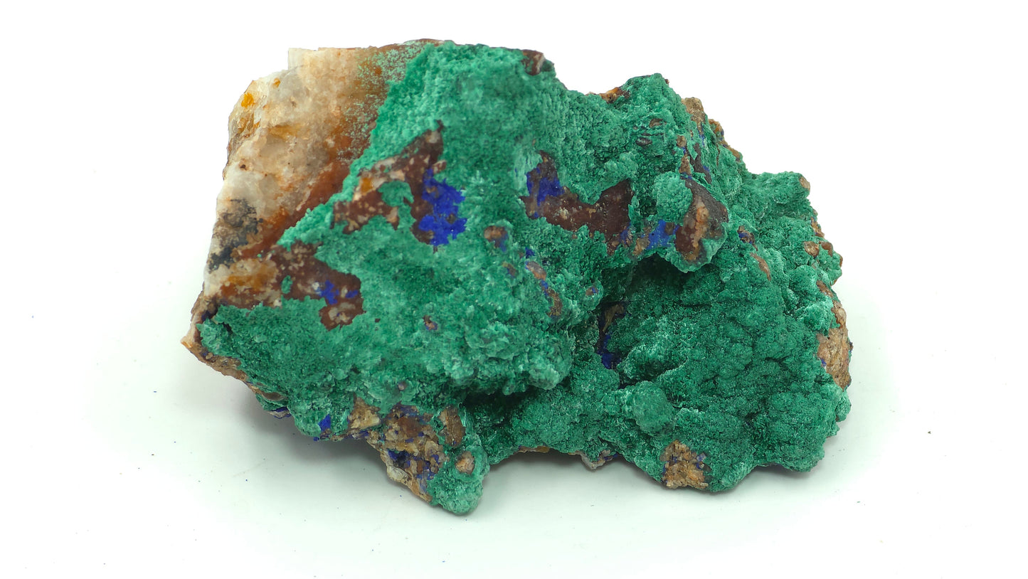 Natural Malachite with Azurite on Quartz – Mibladen, Morocco, azurite crystals scattered on iron-rich matrix close-up