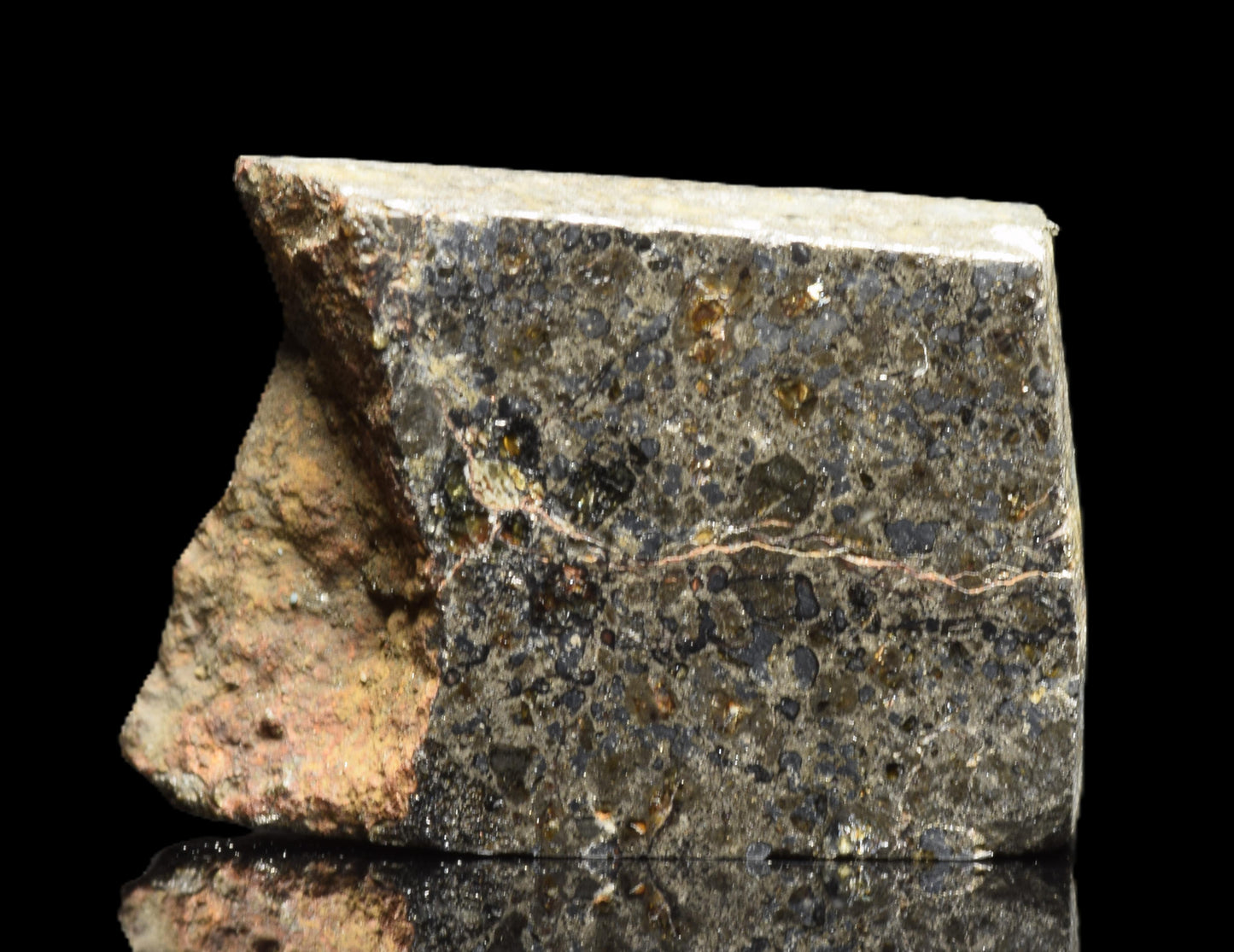 Talsint mesosiderite meteorite slice 1.08 g showing brecciated silicate and metal matrix
