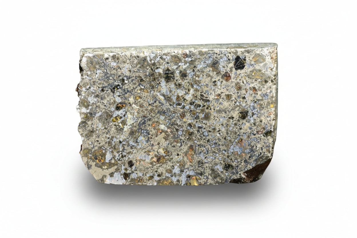 Talsint mesosiderite meteorite slice 1.41 g showing brecciated silicate and metal matrix