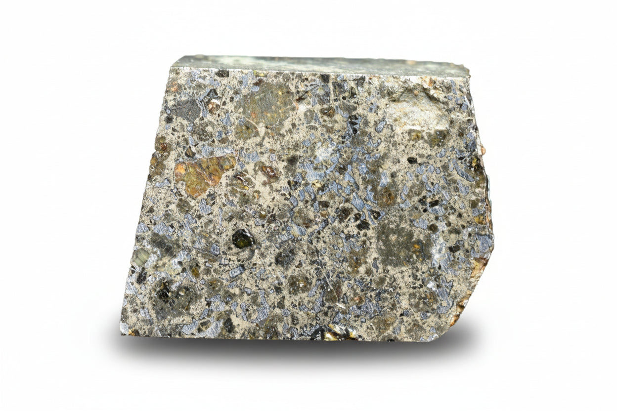 Talsint mesosiderite meteorite slice 1.71 g showing brecciated silicate and metal matrix