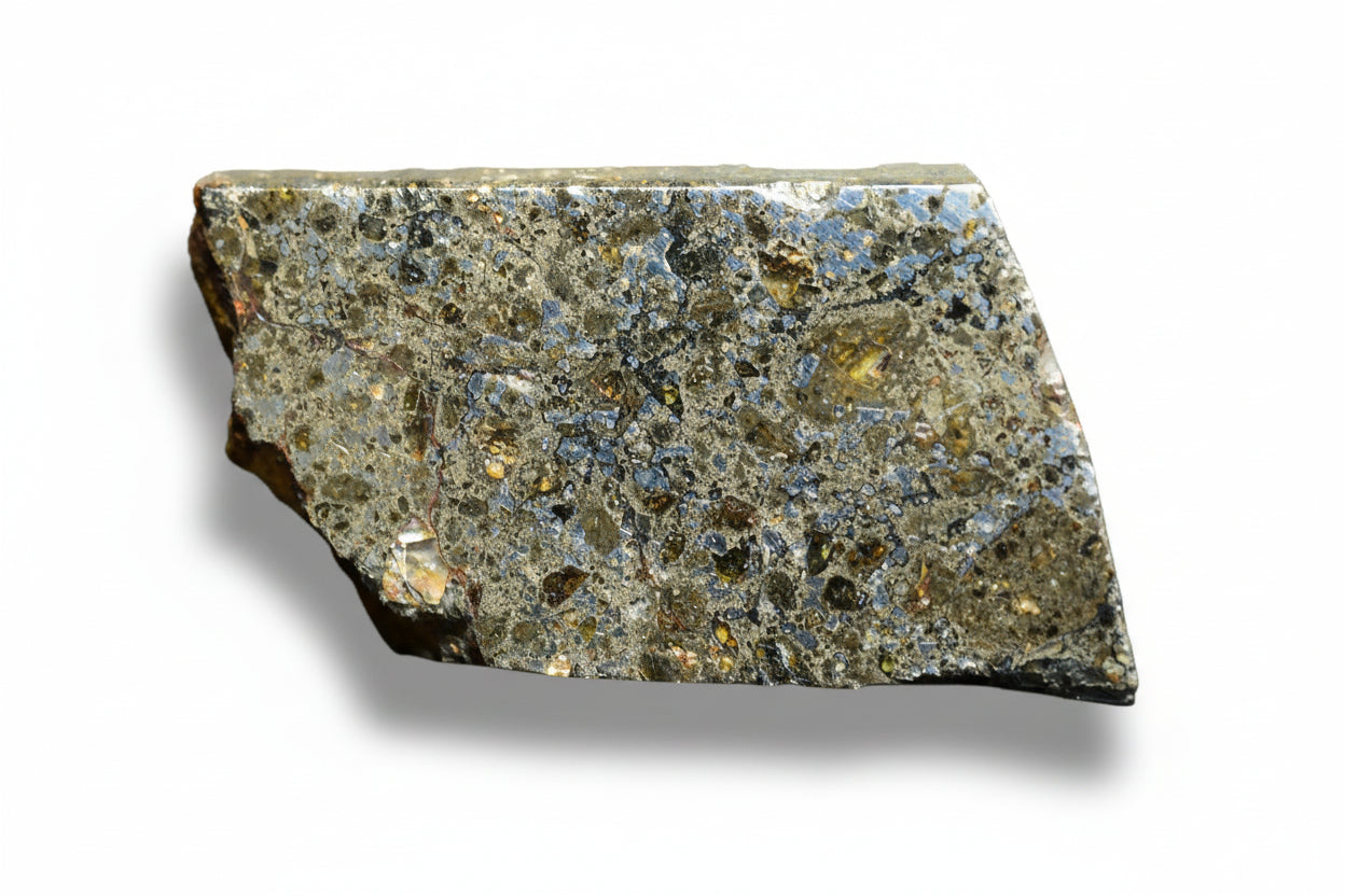 Talsint mesosiderite meteorite slice 1.72 g showing brecciated silicate and iron nickel metal matrix