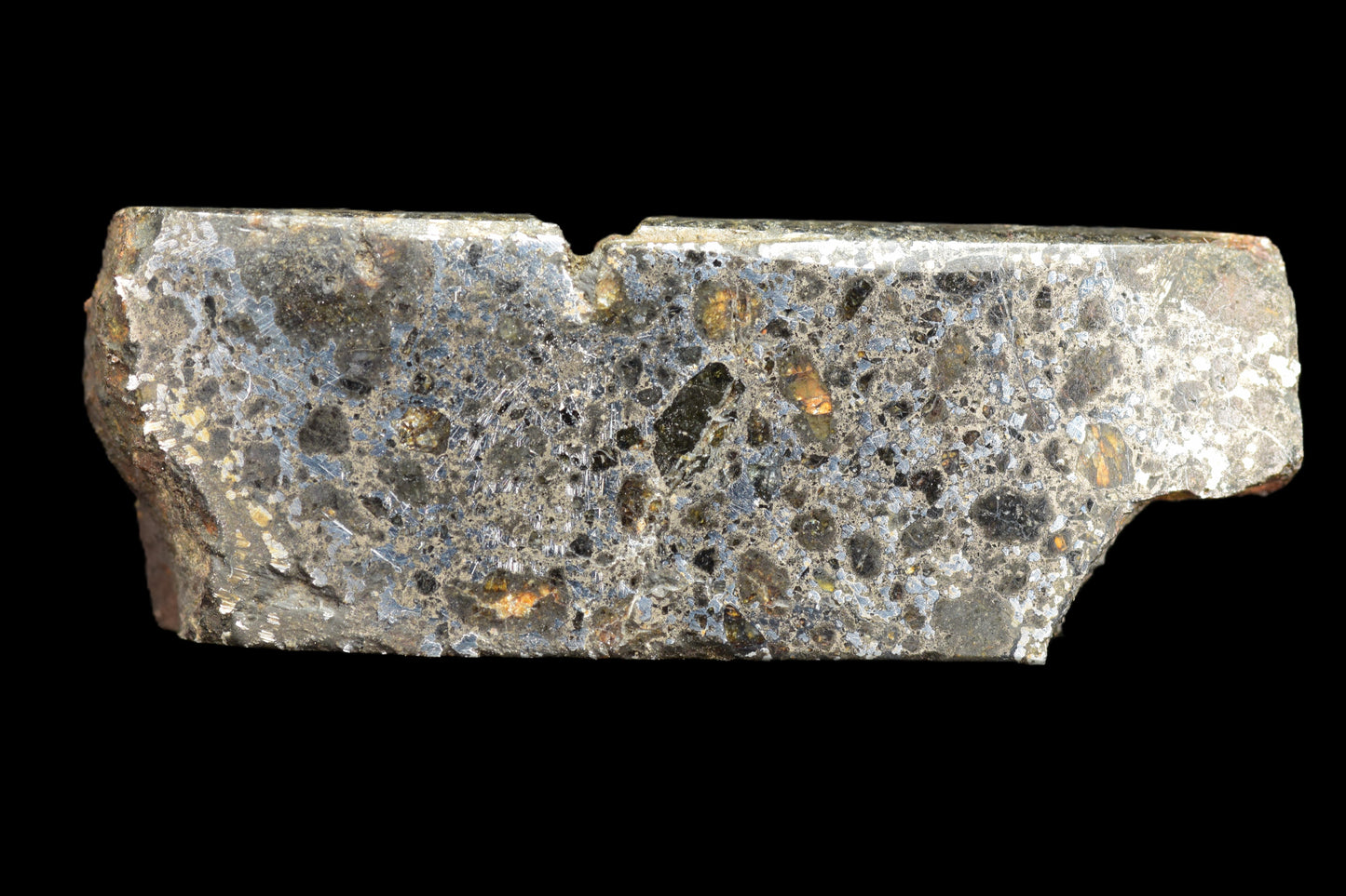 Talsint mesosiderite meteorite slice 2.7 g showing brecciated silicate and iron nickel metal matrix