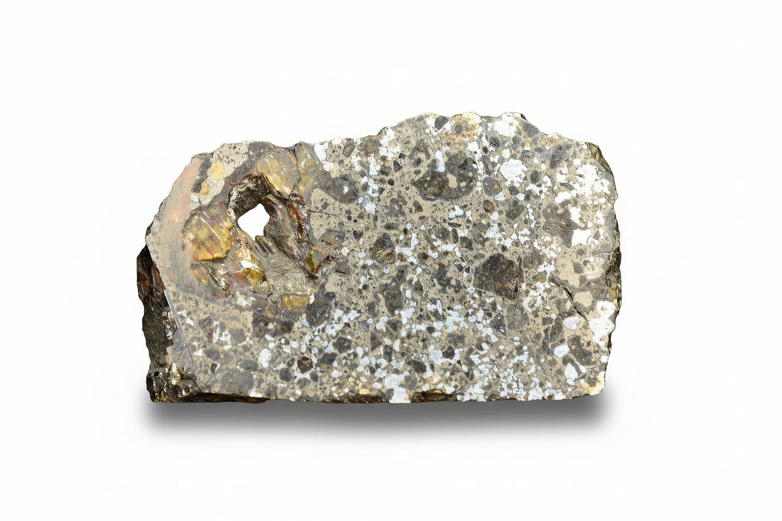 mesosiderite meteorite slice showing silicate and iron nickel metal matrix