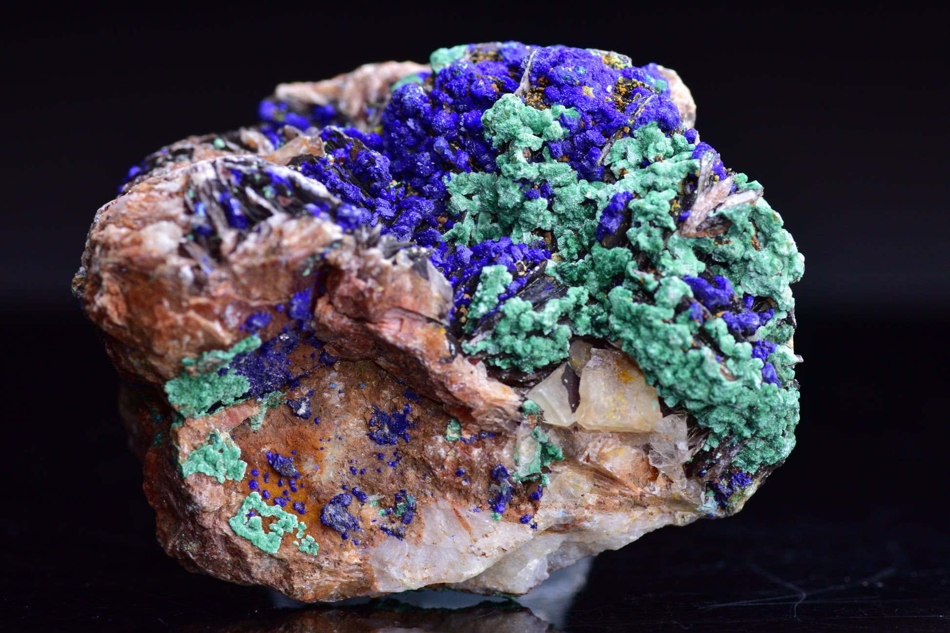 Azurite and malachite crystal from Mibladen, Morocco, showcasing vibrant blue and green mineral patterns.