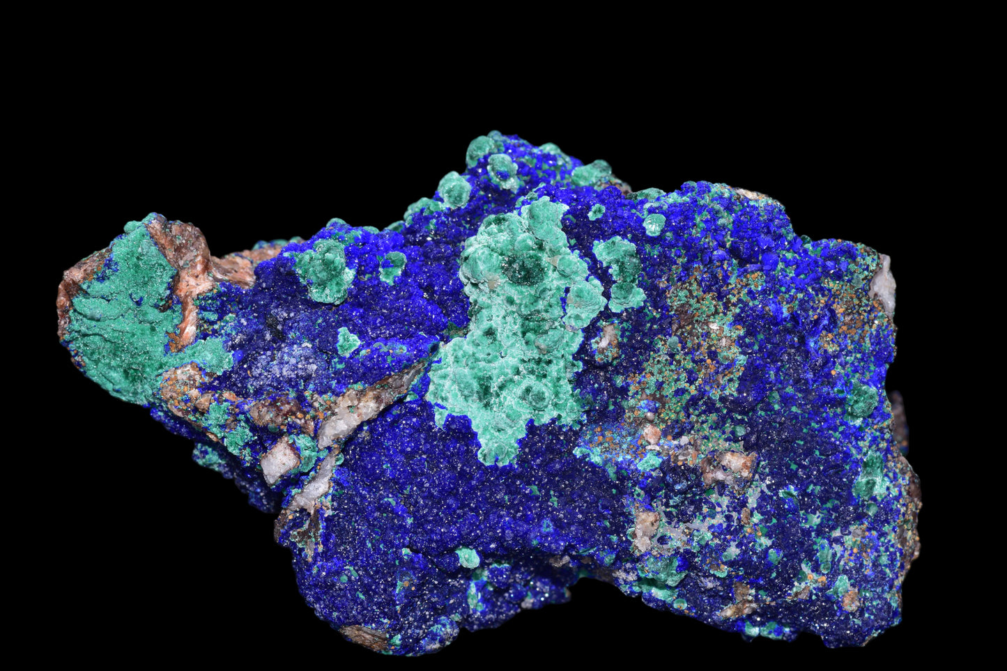 Azurite with Malachite crystal from Mibladen, Morocco, showcasing vibrant blue and green mineral formations.