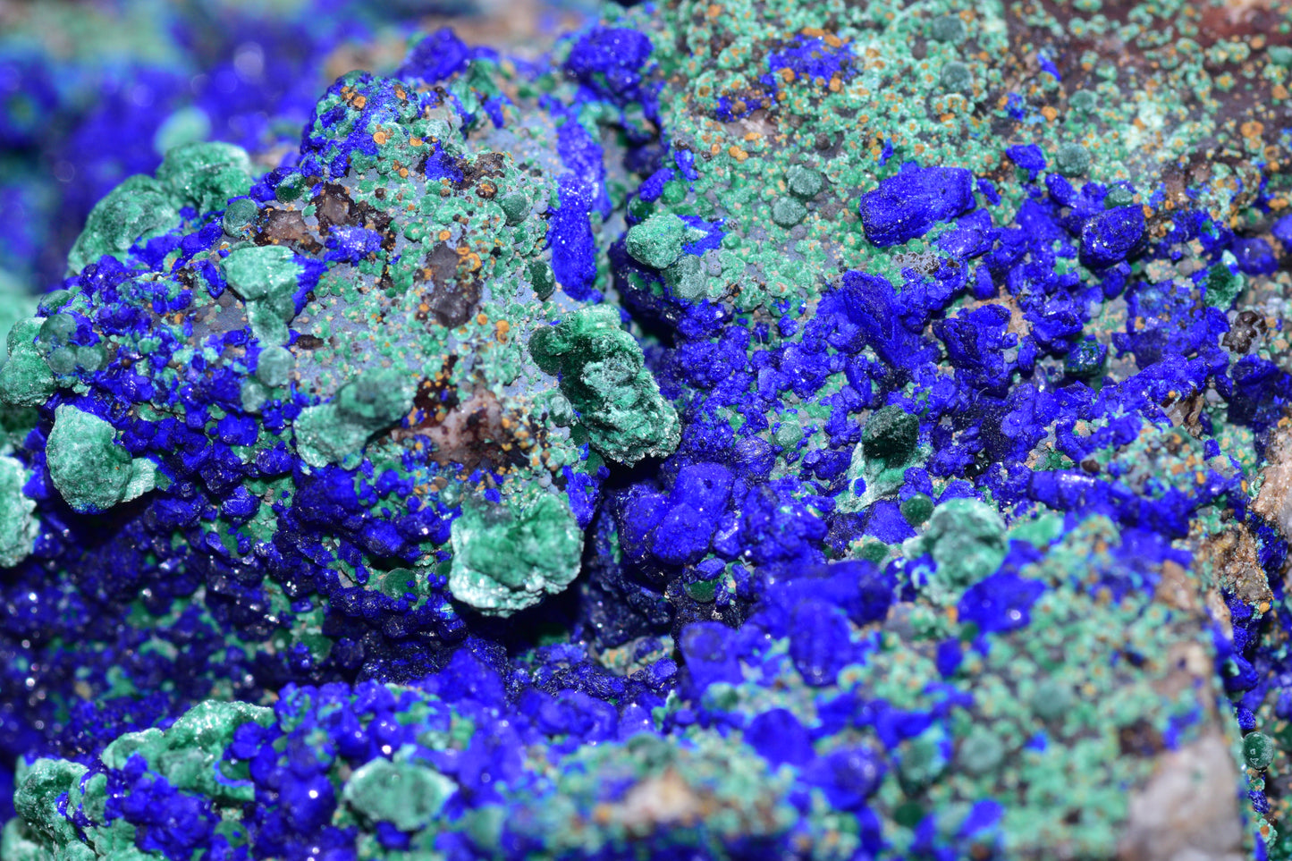 Azurite and malachite crystal from Mibladen, Morocco, showcasing vibrant blue and green mineral formations.