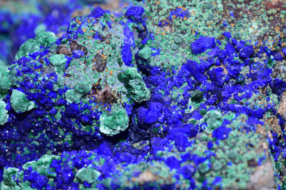 Azurite and malachite crystal from Mibladen, Morocco, showcasing vibrant blue and green mineral formations.