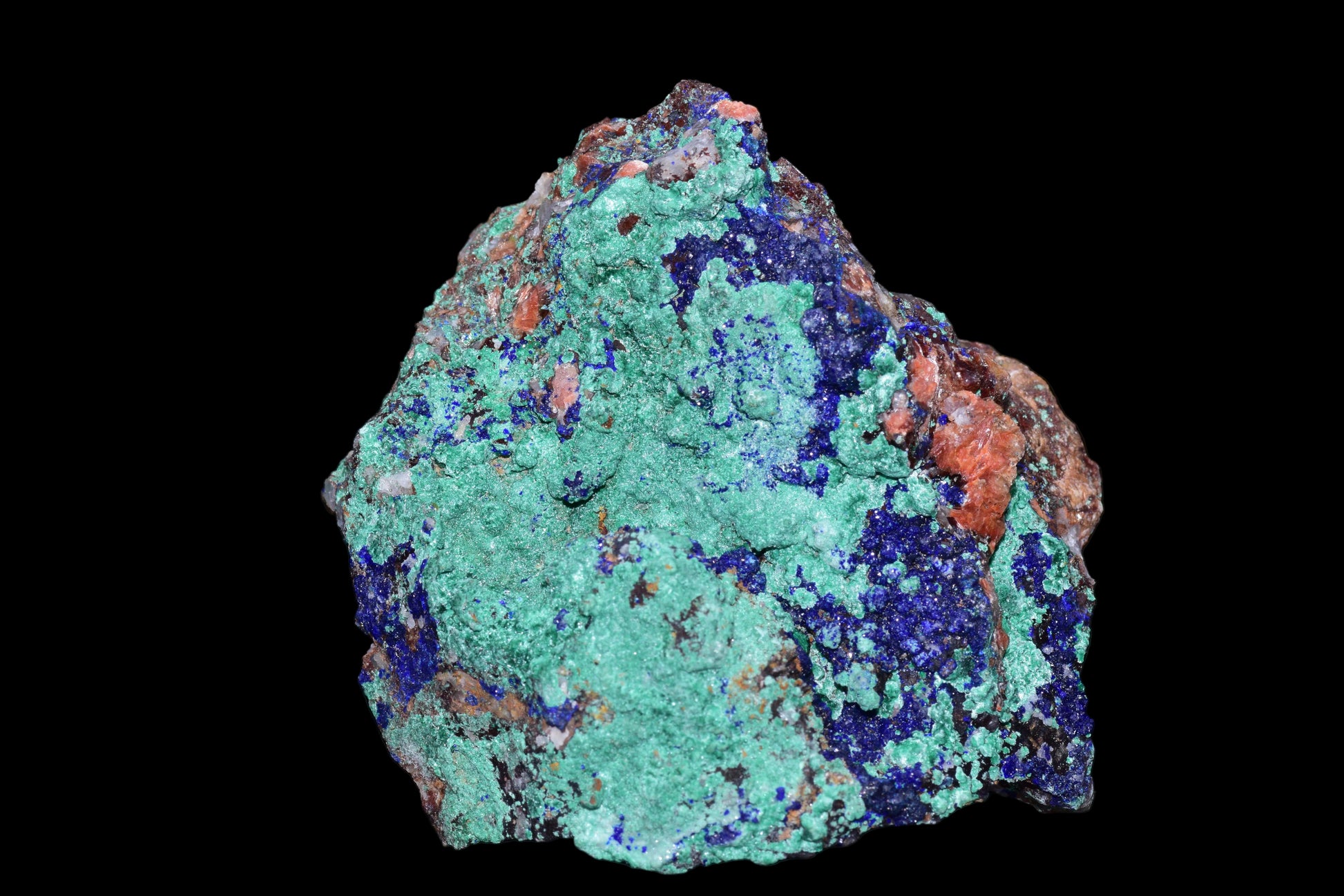 Azurite and malachite crystal from Mibladen, Morocco, featuring deep blue azurite and vibrant green malachite mineral formations.