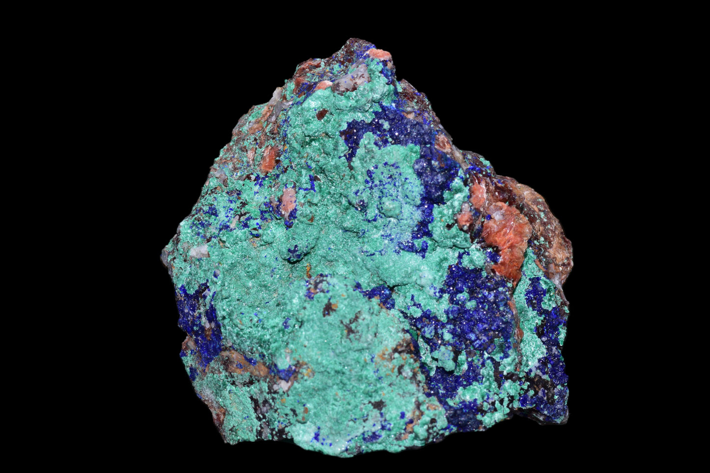 Azurite with malachite crystal from Mibladen, Morocco, showcasing deep blue azurite and vibrant green malachite mineral formations.