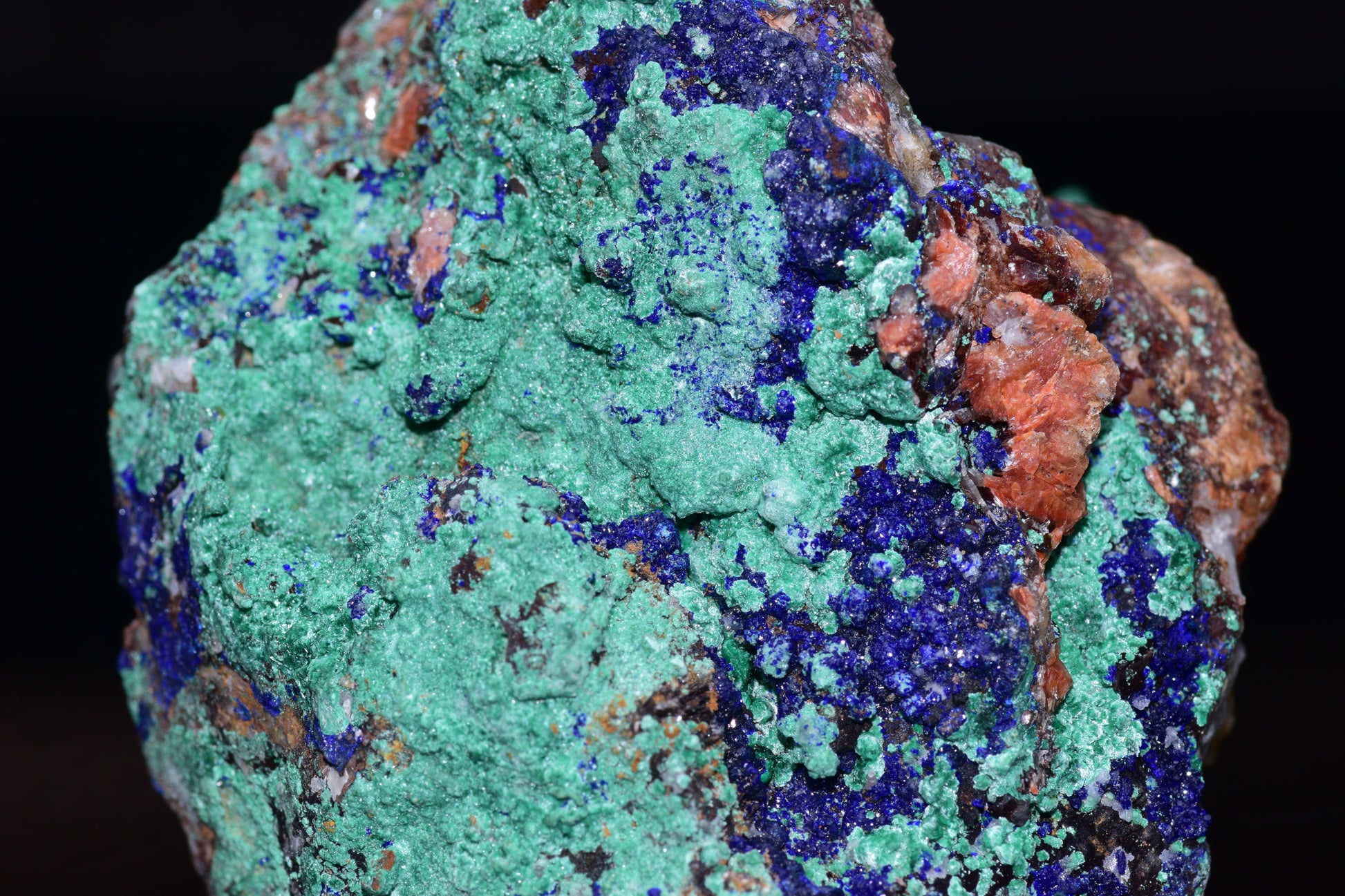 Azurite and malachite crystal from Mibladen, Morocco, showcasing vibrant blue and green mineral formations.