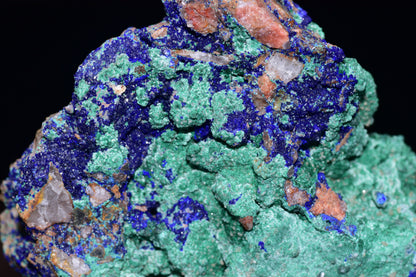 Azurite with Malachite crystal from Mibladen, Morocco, showcasing vibrant blue and green mineral formations.