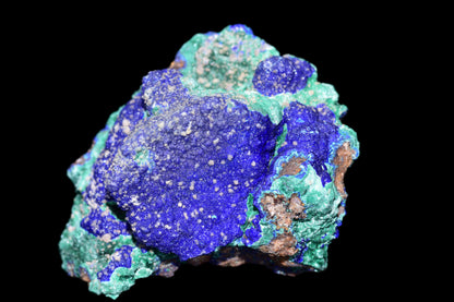 Azurite with Malachite crystal from Mibladen, Morocco showing vibrant blue and green mineral formations on a natural rock surface.