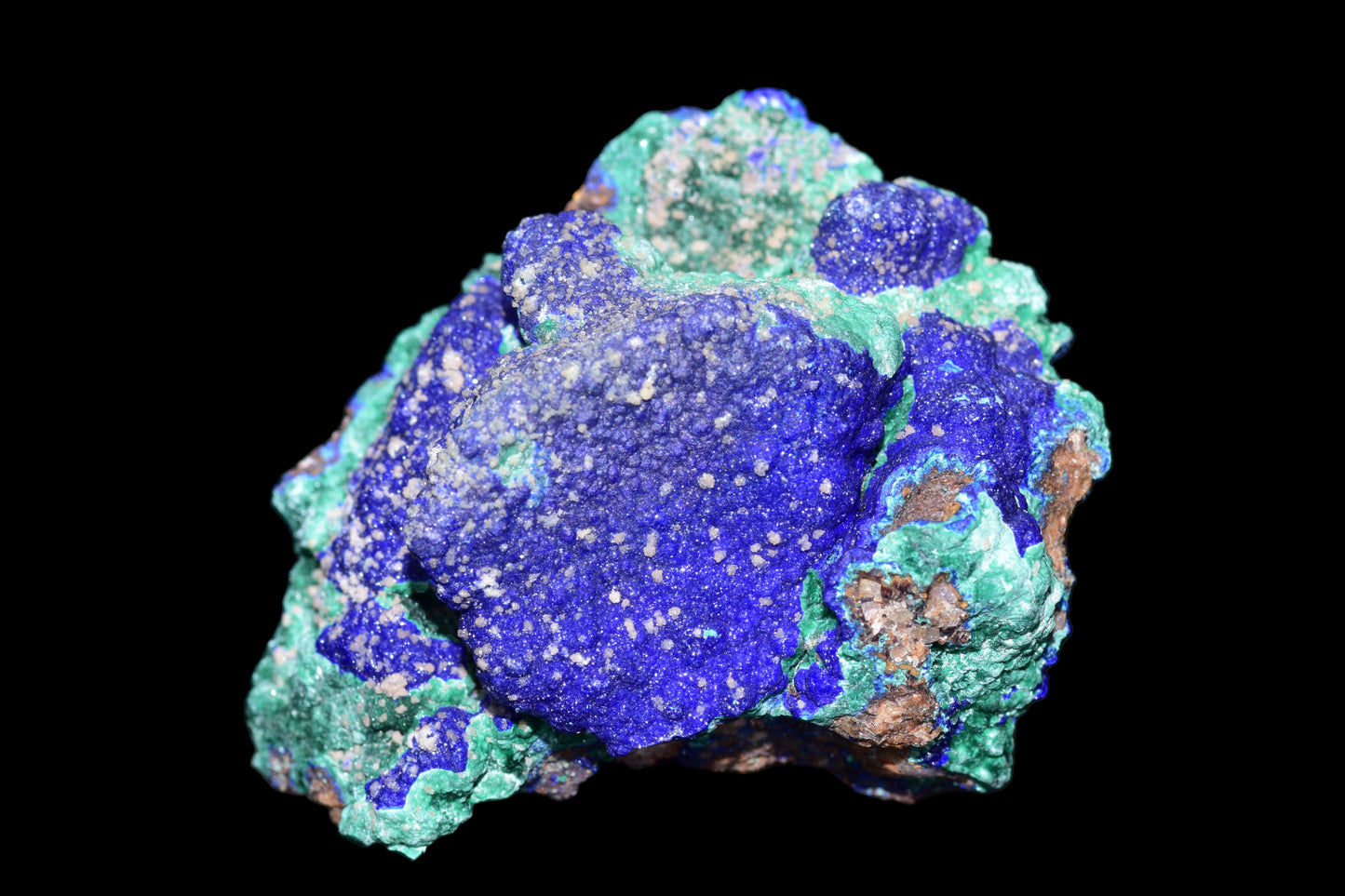 Azurite with malachite crystal from Mibladen, Morocco, featuring deep blue and vibrant green mineral formations.
