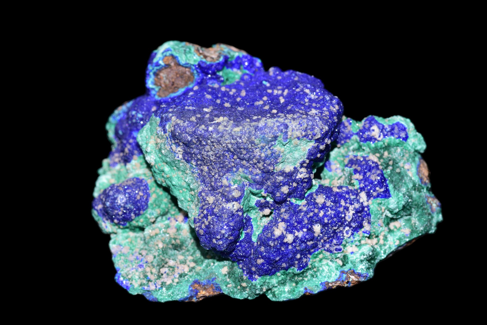 Azurite with Malachite crystal from Mibladen, Morocco, featuring vibrant blue and green mineral mineral formations.