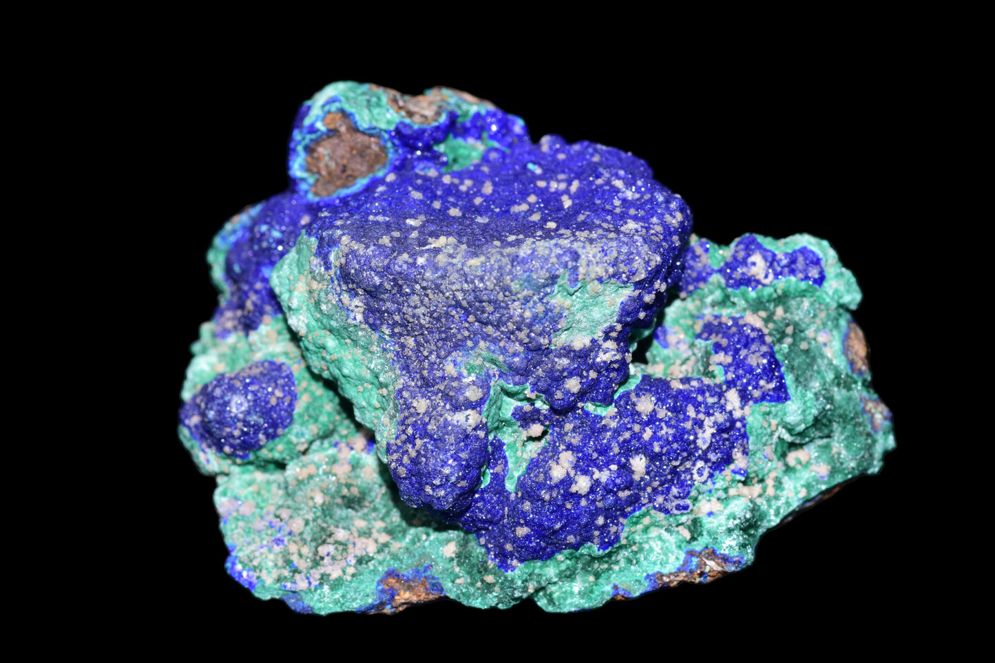 Azurite with Malachite crystal from Mibladen, Morocco, featuring deep blue azurite and vibrant green malachite mineral formations.