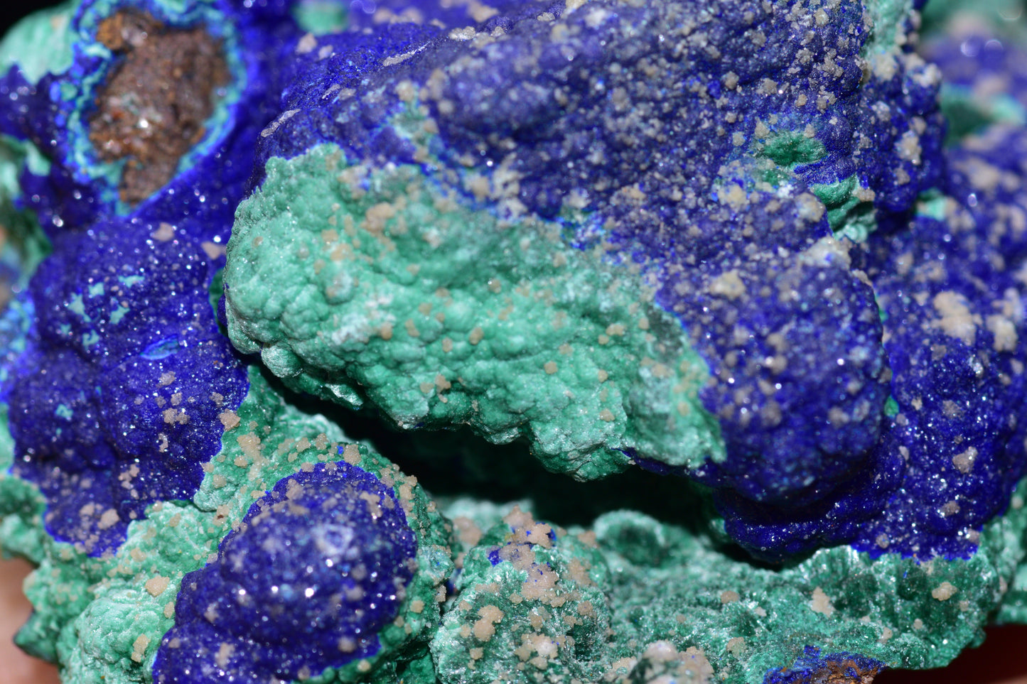 Azurite with malachite crystal from Mibladen, Morocco, showcasing deep blue and vibrant green mineral formations.