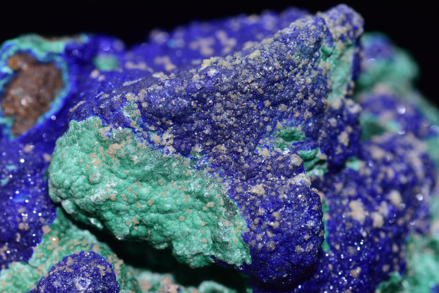 Azurite and malachite crystal from Mibladen, Morocco, showcasing vibrant blue and green mineral formations.