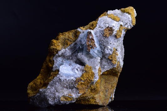 Blue Barite crystal from Morocco with vibrant blue hues, natural mineral formations, and detailed crystalline structure.