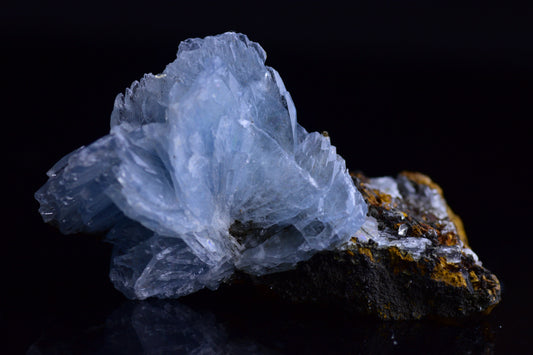 Blue Barite crystal from Morocco featuring vibrant blue hues and mineral-rich formations, shaped naturally by geological processes.