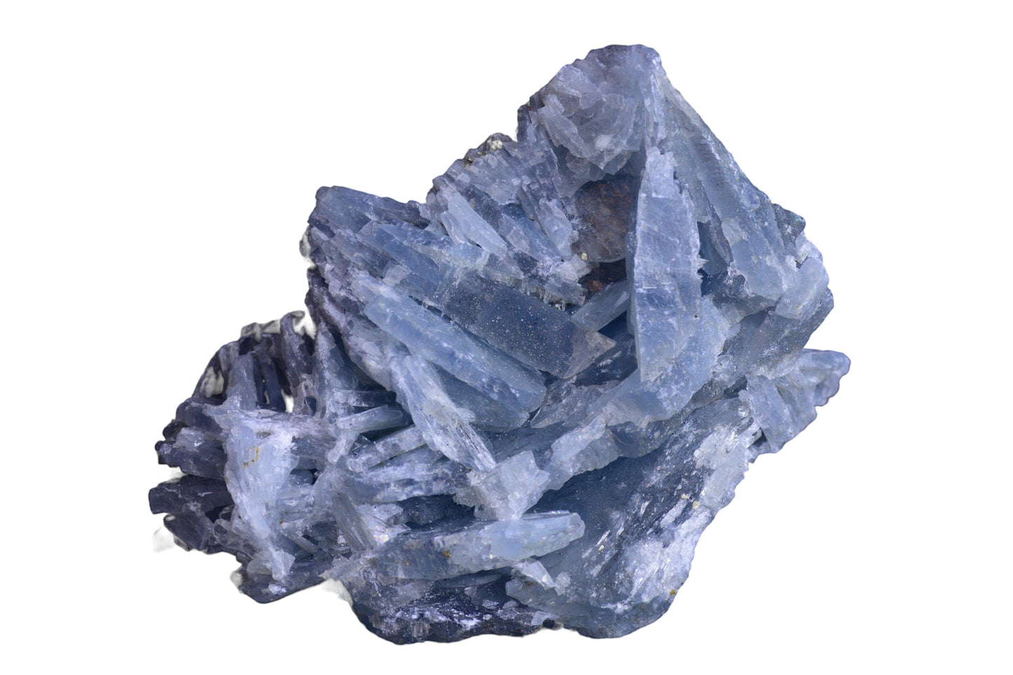 Blue Barite crystal from Morocco with vibrant blue coloration, displayed on a plain background, showcasing its natural mineral structure.