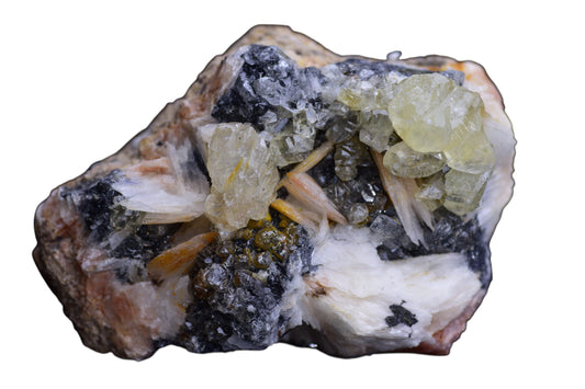 Crystalline cerussite on barite mineral specimen from Mibladen district in Morocco, showcasing detailed crystal formations.