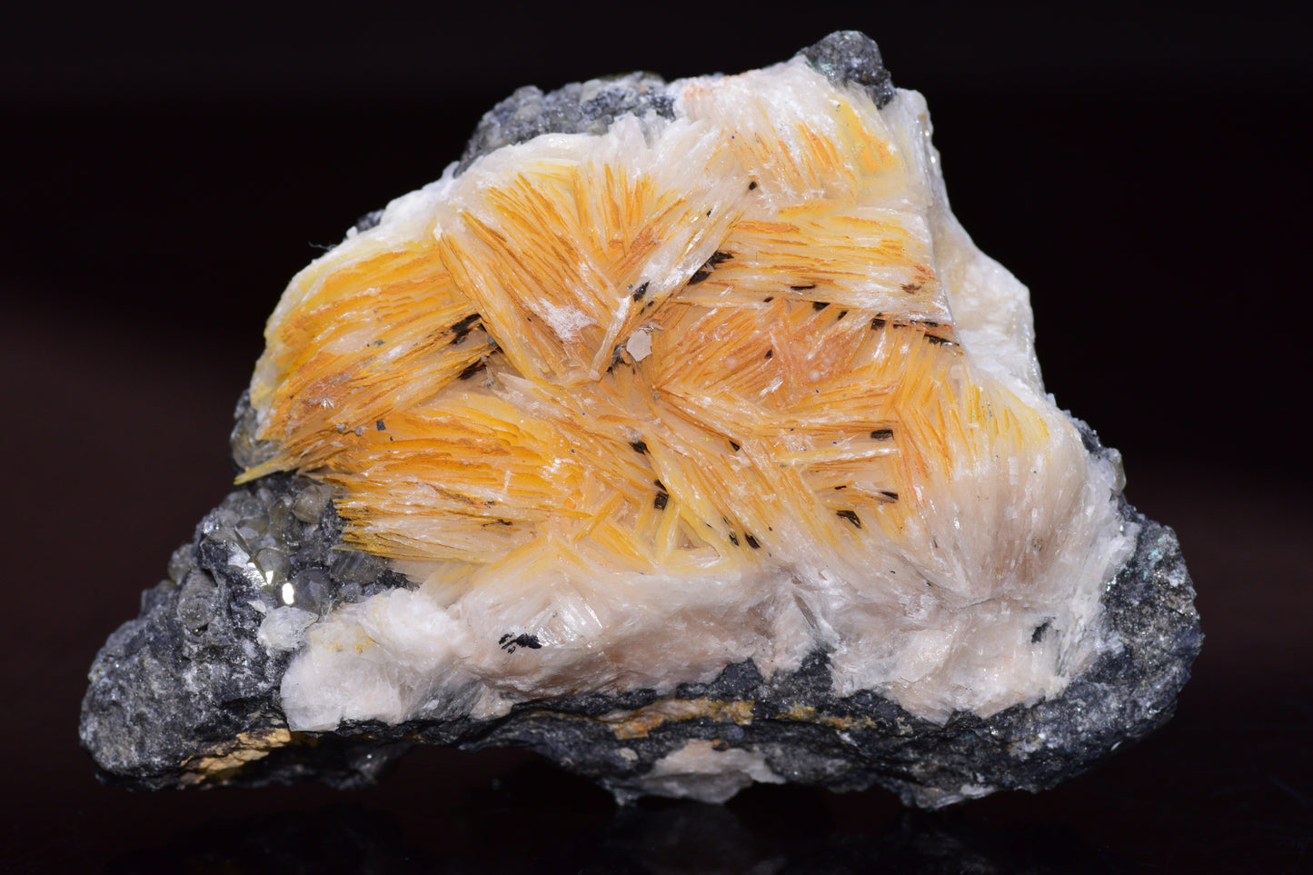 Crystalline cerussite on barite mineral specimen from Mibladen district, Morocco, showcasing clear and white mineral formations.