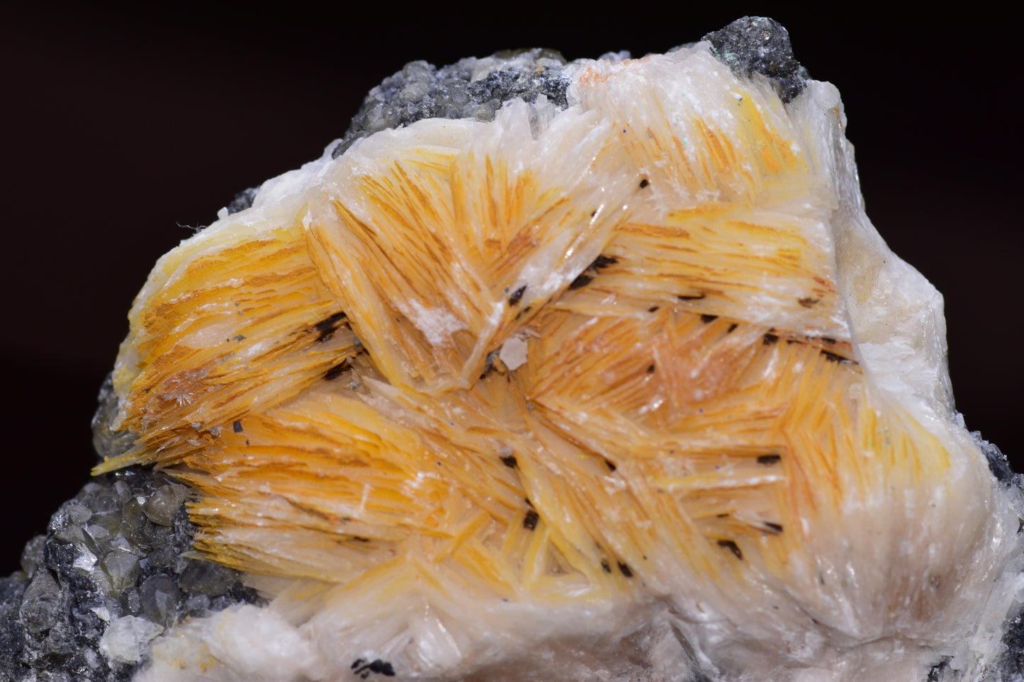 Crystalline cerussite on barite mineral specimen from Mibladen district, Morocco, featuring clear and white mineral formations.