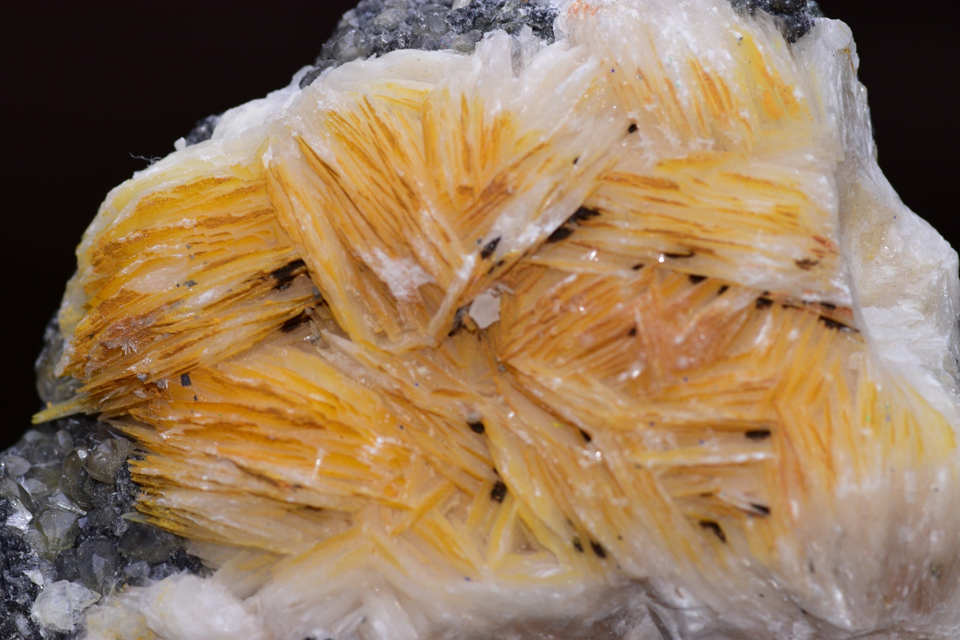 Crystalline cerussite on barite mineral specimen from Mibladen district, Morocco, showcasing white and beige crystal formations.