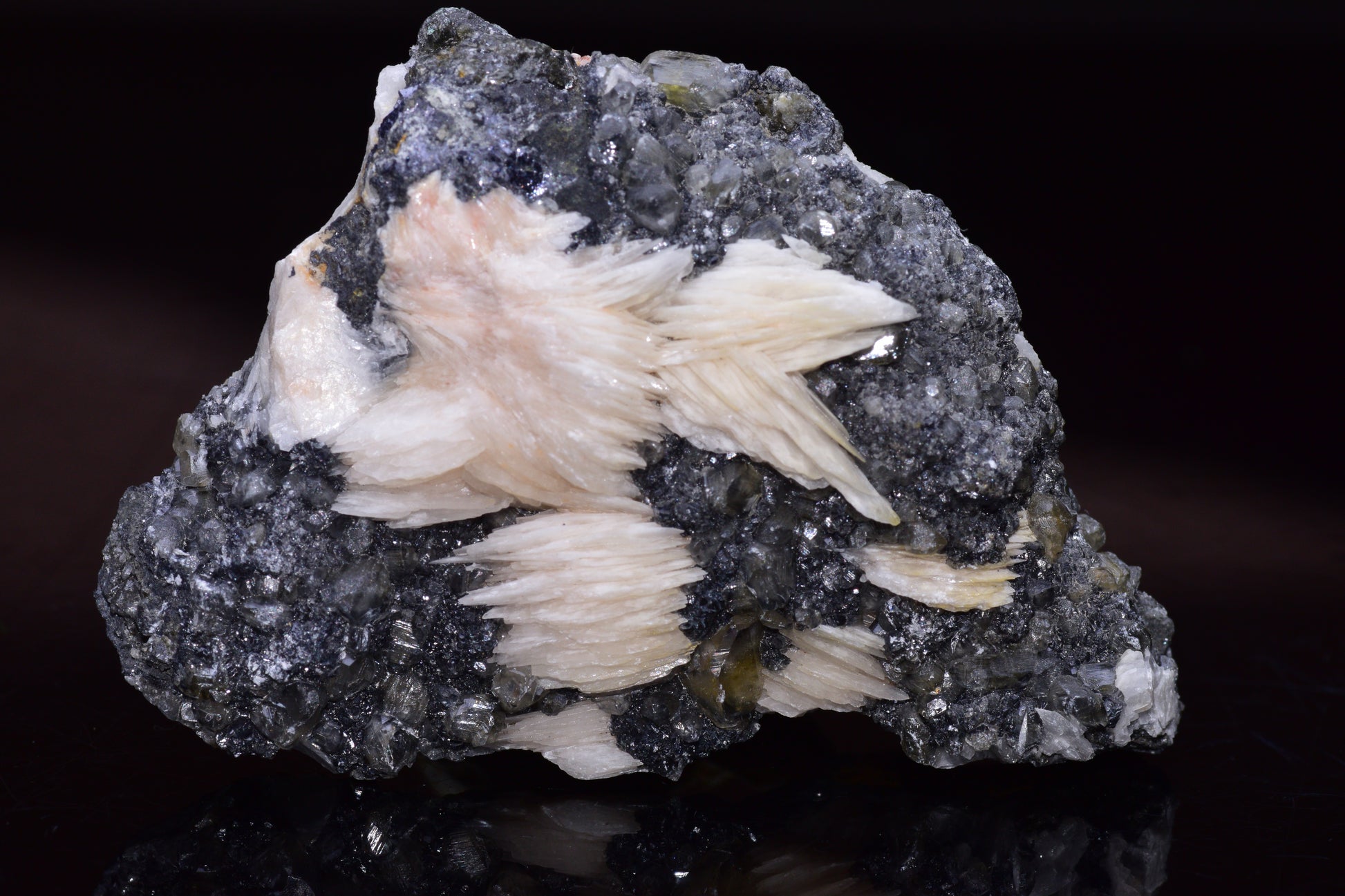 Cerussite crystals on barite mineral specimen from Mibladen district Morocco, showcasing clear white and blue mineral formations.