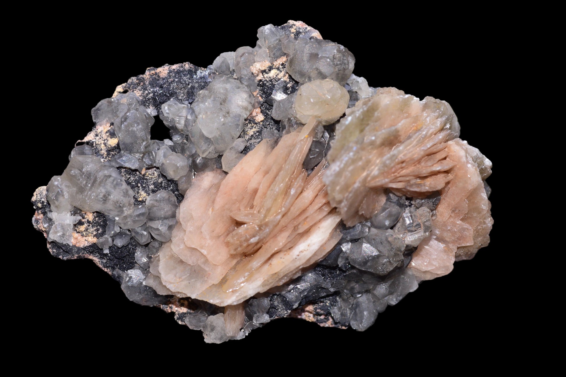Crystalline cerussite on barite mineral specimen from Mibladen district, Morocco, showcasing white and gray mineral formations.
