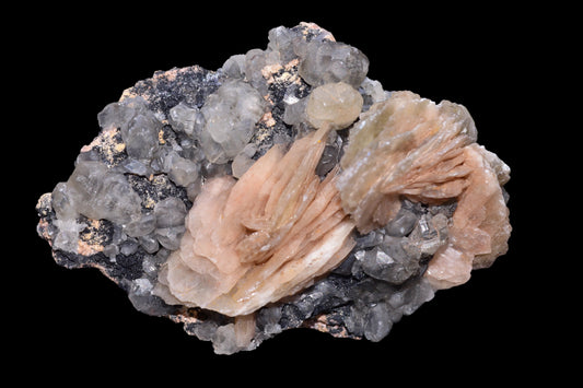 Crystallized cerussite on barite mineral specimen from Mibladen district, Morocco, displayed with detailed mineral textures.