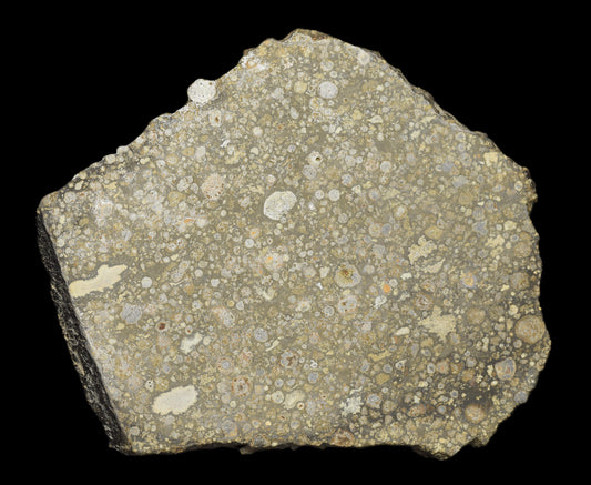 Meteorite NWA 14004 CV3 slice, 25.55 grams, showing dark fusion crust and metallic mineral interior, from Buy Meteorite, LLC.