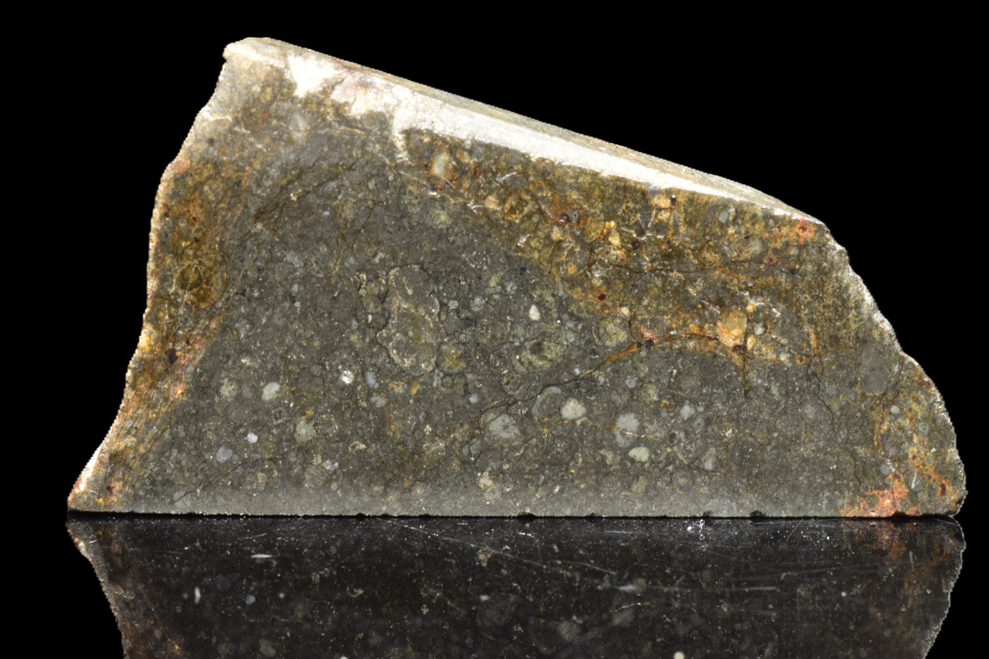 Meteorite NWA 14224 LL3 slice, 4.47 grams, showing metallic and rocky textures, from Buy Meteorite, LLC.