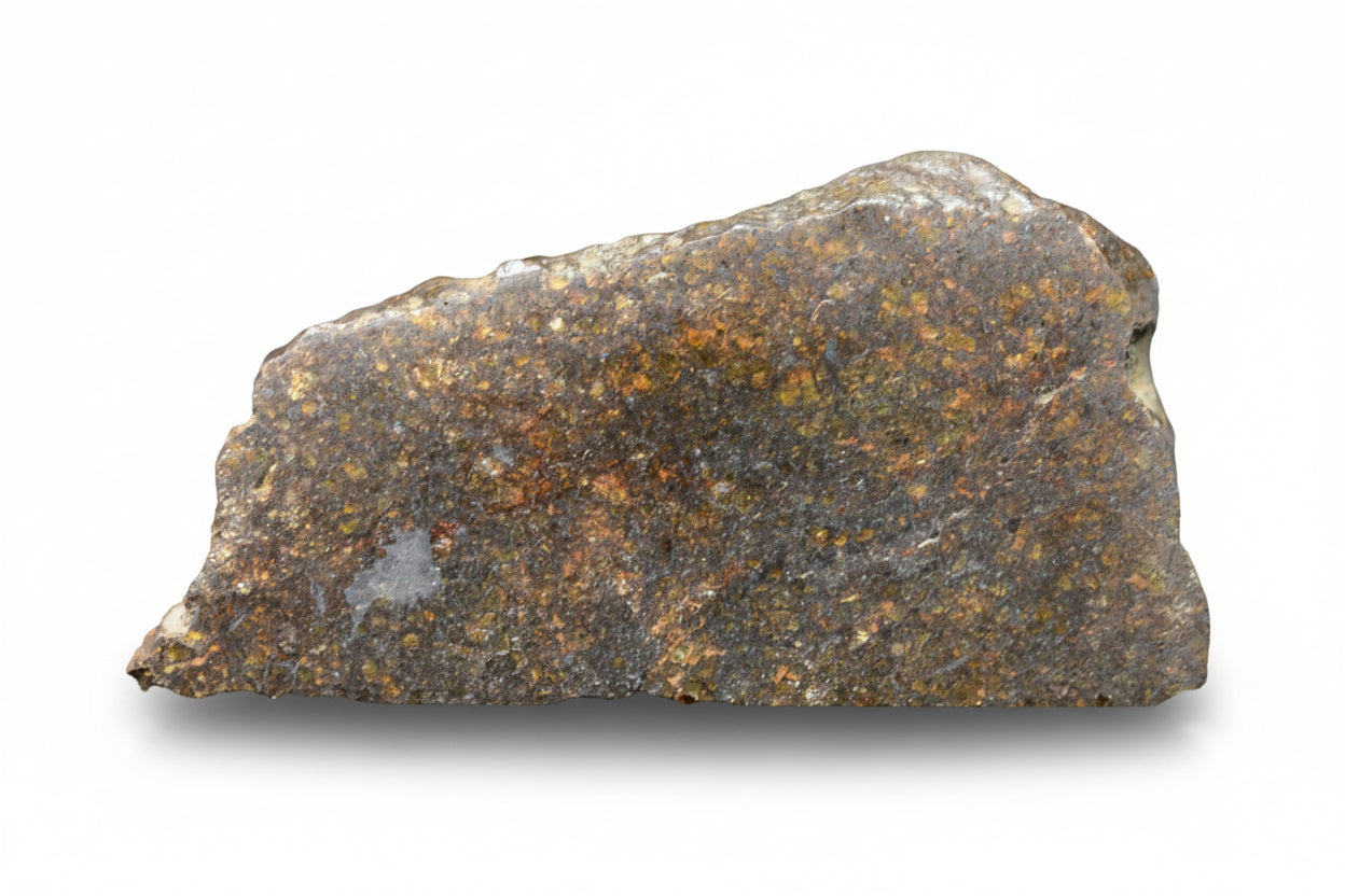 NWA 11757 ureilite meteorite, 9.8 grams, showing dark fusion crust and mineral-rich interior, from Buy Meteorite, LLC.