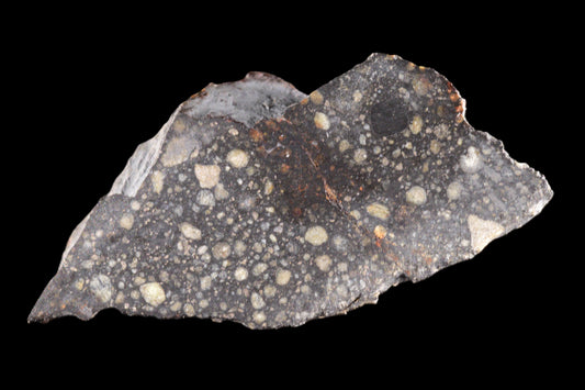 NWA 12858 R3 meteorite fragment from Buy Meteorite LLC, showing a dark, textured surface with natural mineral patterns.