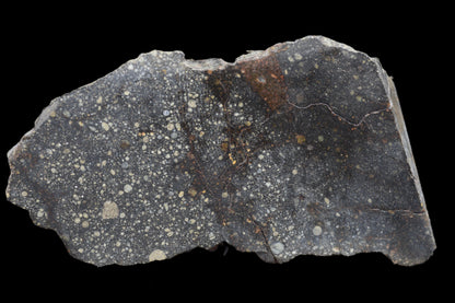NWA 12858 R3 meteorite main mass, 119.7 grams, dark fusion crust and rocky interior, from Buy Meteorite LLC.