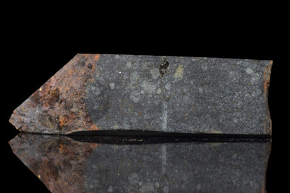 Slice of NWA 14224 LL3 meteorite weighing 13.19 grams, showing metallic and rocky textures, from Buy Meteorite, LLC.