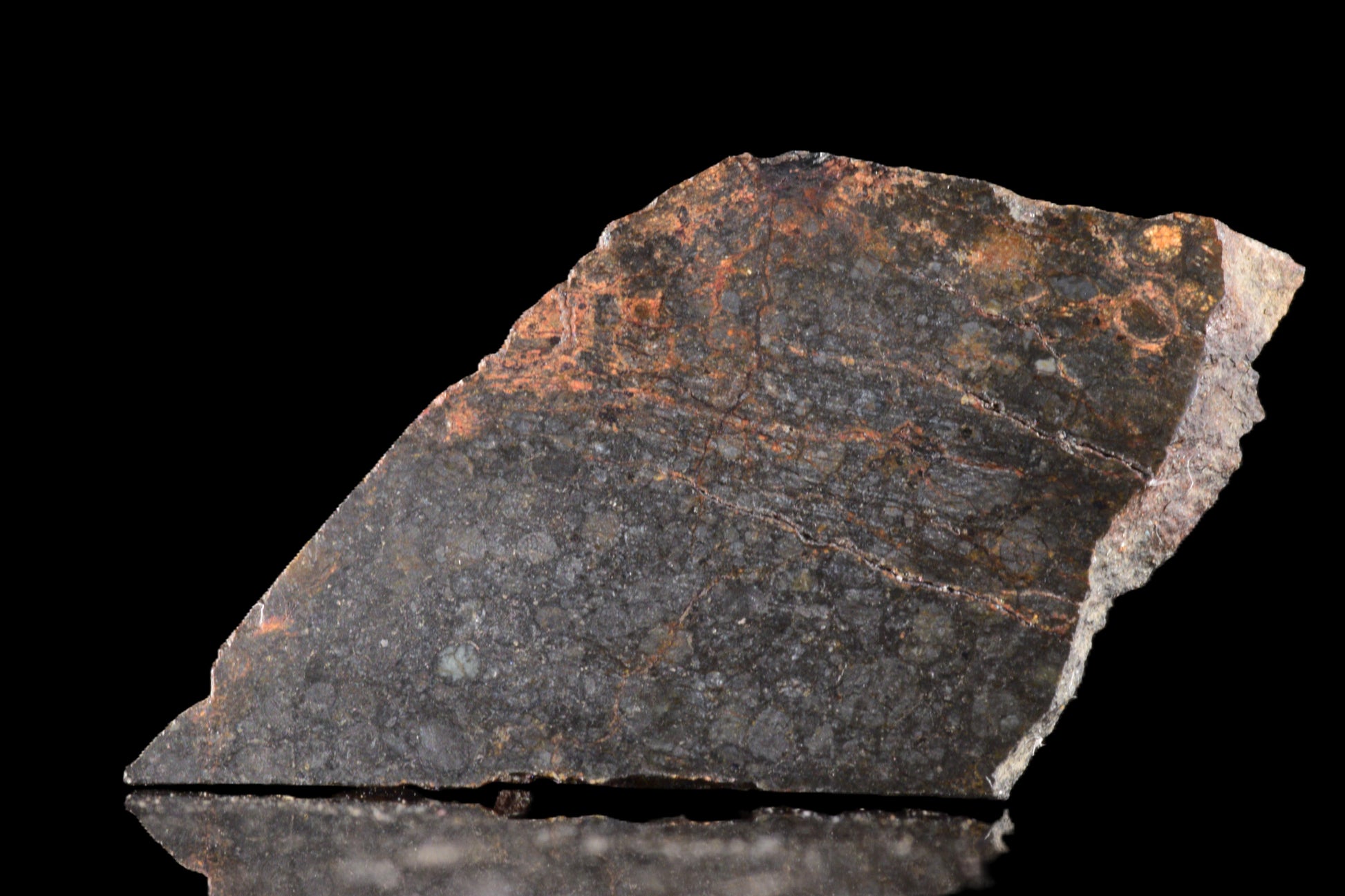 Close-up of NWA 14224 LL3 meteorite slice weighing 2.14 grams, showing its dark, textured surface with natural mineral patterns.