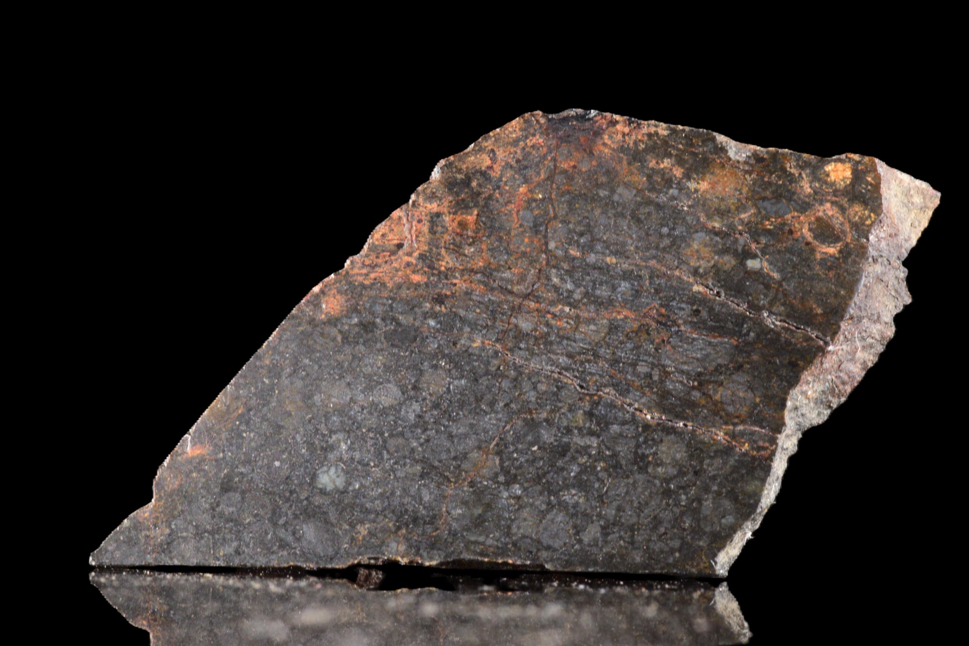NWA 14224 LL3 meteorite slice weighing 2.14 grams, showing dark fusion crust and metallic mineral textures.