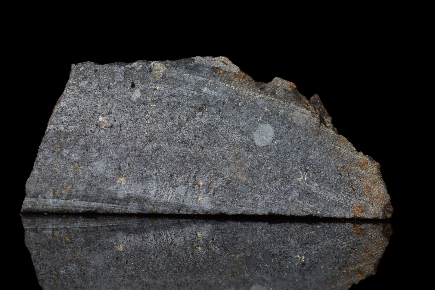 NWA 14224 LL3 meteorite slice weighing 2.90 grams, showing dark fusion crust and mineral matrix, from Buy Meteorite, LLC.