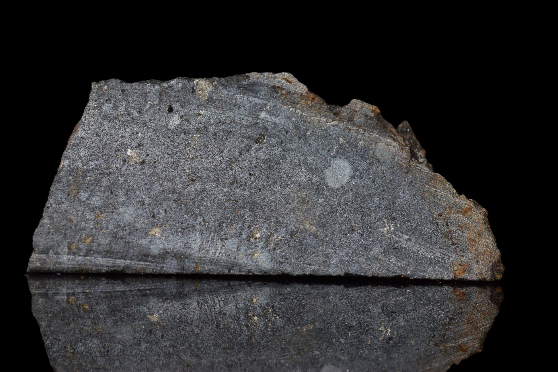 NWA 14224 LL3 meteorite slice weighing 2.90 grams, showing dark fusion crust and mineral matrix, from Buy Meteorite, LLC.