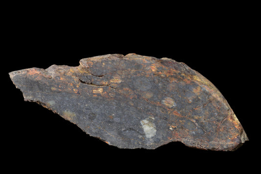 NWA 14224 LL3 meteorite slice weighing 2.96 grams, showing metallic mineral inclusions and a dark, textured surface.