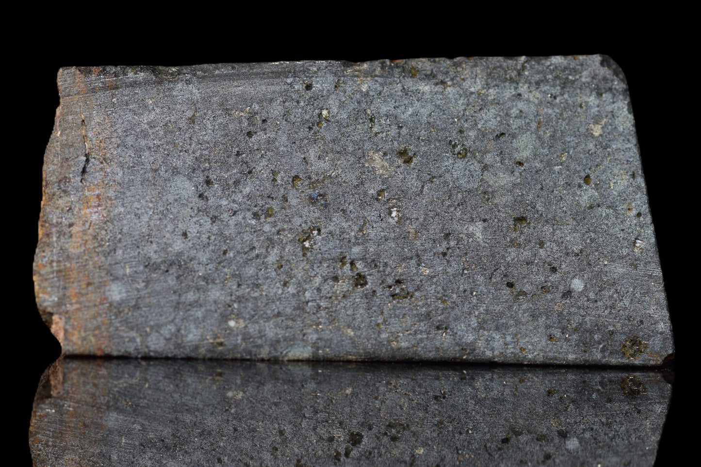 NWA 14224 LL3 meteorite slice weighing 3.36 grams, showing metallic and crusted surface details.